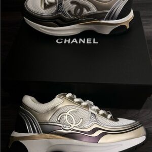 Chanel silver trainers with gold accents size 8.5 never worn #luxury #sneakers
